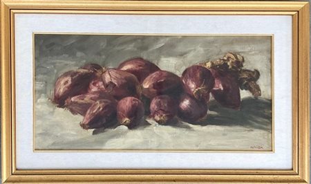 N. Failla "Natura morta con scalogni" olio su tela (cm 30x59) Firmato in basso a