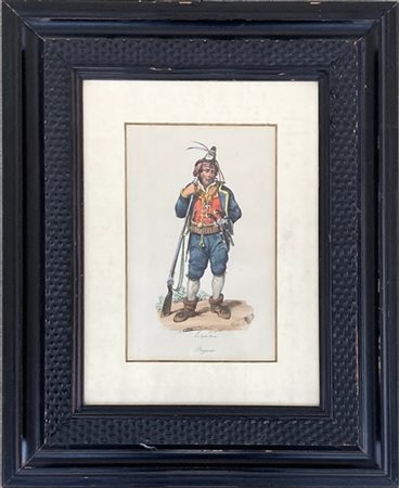 Lotto composto da due litografie acquerellate raffiguranti "Sampognaro" e "Brig