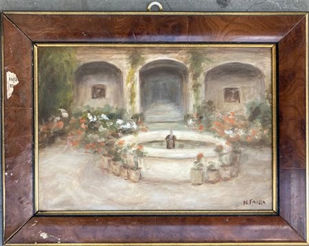 N. Failla "La fontana" olio su cartone telato (cm25x35) Firmato in basso a destr