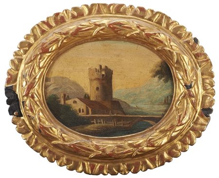 Scuola fine secolo XVIII. Paesaggi fluviali con architetture e viandanti. Coppi