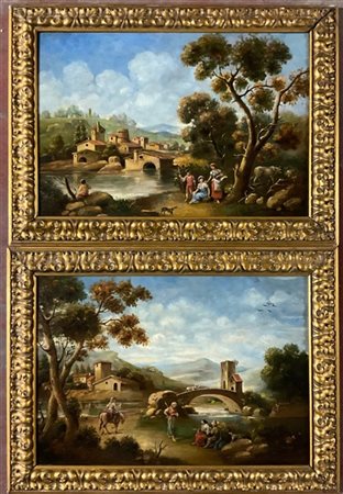 Ignoto del XIX secolo "Paesaggi fluviali con pastori" coppia di dipinti ad olio