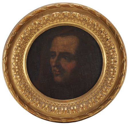 Ignoto, antico dipinto raffigurante un volto (frammento), olio su tela tonda (d