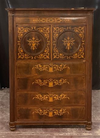 Secretaire lastronato in mogano, intarsiato e filettato in legno chiaro, due an