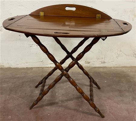 Tavolino con piano a vassoio, sostegno tornito a cavalletto, fine secolo XIX (c