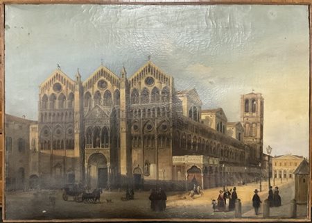 Ignoto del XIX Secolo, " Duomo di Ferrara con figure" olio su tela (cm 55x75) i