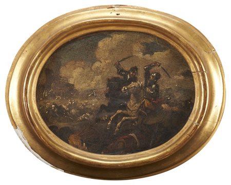Scuola dell'inizio del secolo XVIII. Scene di battaglia. Coppia di dipinti ad o