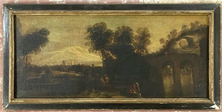 Scuola del secolo XVII, "Riposo durante la fuga in Egitto", olio su tela (cm 60