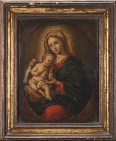 Scuola del secolo XVIII, Madonna con Bambino, olio su tavola (cm 32x25) in corn