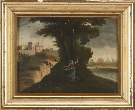 Scuola italiana del XVIII secolo, figure in paesaggio con castello, (cm 20x27)
