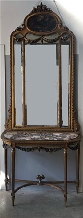 Console con specchiera in legno intagliato e dorato decorata da festoni, piano