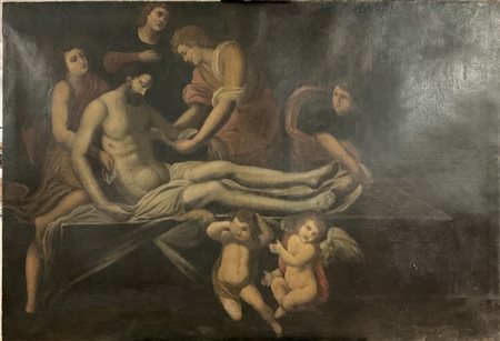 Ignoto, antico dipinto raffigurante la deposizione di Cristo, olio su tela (cm