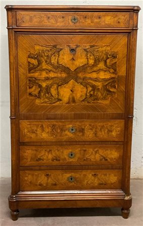 Secretaire in noce filettato e intarsiato in legni vari, cassetto nella fascia,