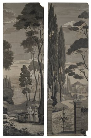 Ignoto. Due papier peint raffiguranti ingresso di villa e figure in riva al fiu