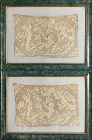 Coppia di pizzi fillet in cotone, Italia, fine secolo XIX. Raffiguranti amorini