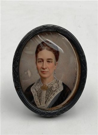 Giuseppe Grassis "Ritratto di dama con orecchini di perle" Miniatura ovale su av