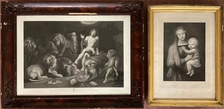 Lotto di due incisioni del secolo XIX raffiguranti una "Madonna con bambino" da