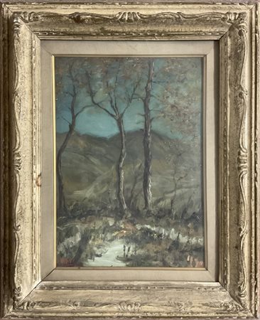 Firma indecifrata, "Paesaggio lacustre ", olio su cartone (cm 48,5x34,5), firma