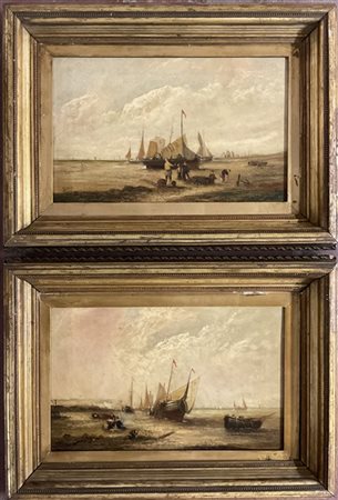 Ernest William Lara "Paesaggi con pescherecci", coppia di dipinti ad olio su tel