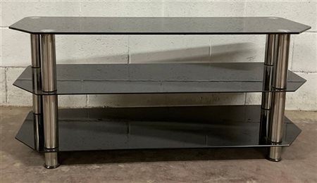 Tavolino porta televisore a tre ripiani in vetro temperato verniciato nero, mon