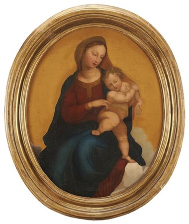 Copia da Raffaello, secolo XIX, Madonna con Bambino, olio su tela ovale (cm 59x