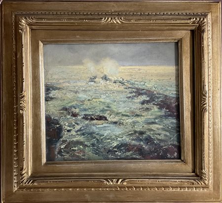 Firma indecifrata, " Mareggiata" olio su cartone telato (cm 28,5x32), in cornic