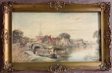 G. Barclay "Paesaggio lacustre con figure", acquerello su cartoncino (cm28,5x49,