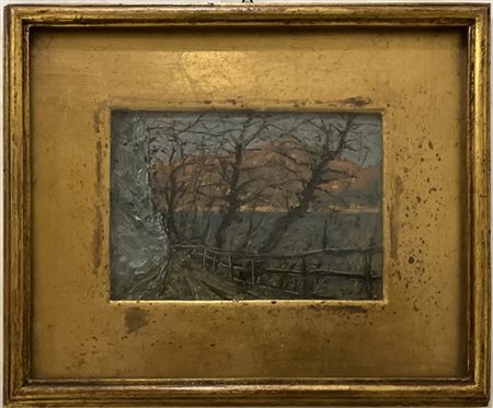 Firma indecifrata, " Paesaggio lacustre ", olio su compensato (cm 11x15) firmat