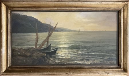 Luigi Zago "Paesaggio lacustre con barche", olio su compensato (cm 41x80) firmat