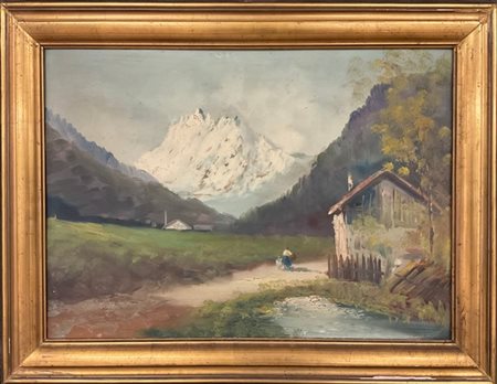 Ignoto "Paesaggio montano" olio su compensato (cm 50x70) in cornice 
(difetti)