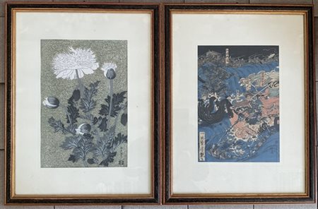 Lotto composto da due stampe, una raffigurante motivi floreali, l'altra Samurai