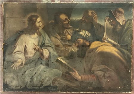 Ignoto, antico dipinto raffigurante "Cristo tra i dottori", olio su tela (cm 14