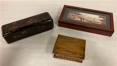 Lotto composto da una scatola orientale in lacca, una decorata con gouache con