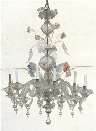 Manifattura di Murano, secolo XIX. Lampadario a dodici fiamme in vetro incolore