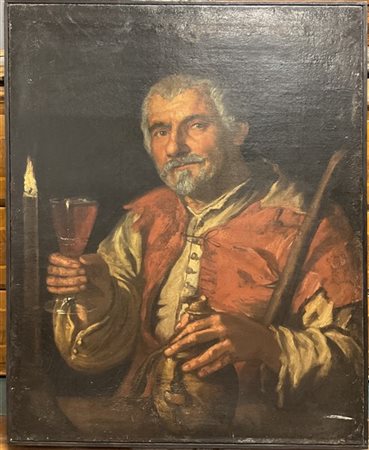 Ignoto , antico dipinto ad olio su tela raffigurante "Figura virile con calice