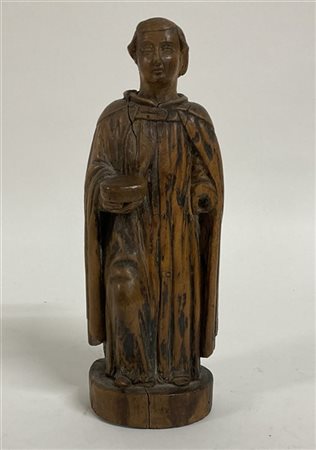 Scultura in legno raffigurante un giovane uomo reggente un piccolo scrigno, sec