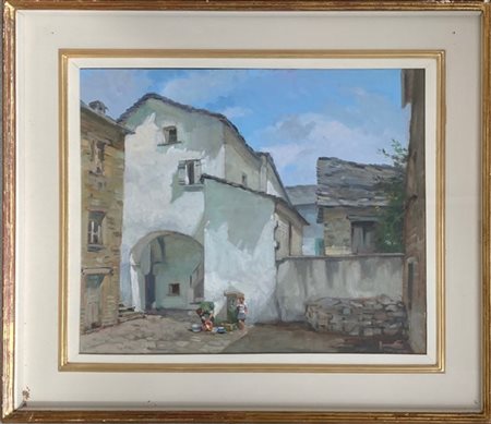 Firma indecifrata "Case a Tarsogno" olio su compensato (cm 41x49) Firmato in ba