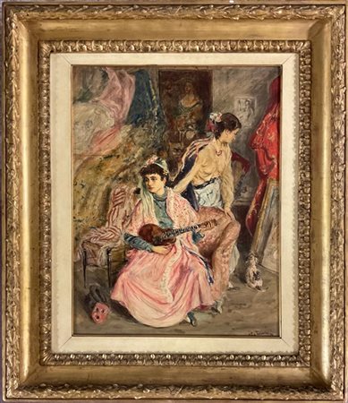 Pierangelo Basorini "Interno con figure" olio su compensato (cm 76x62) Firmato i