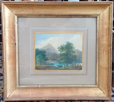 Pompeo Calvi "Paesaggio lacustre con lavandaie" dicembre 1840, olio su cartone (