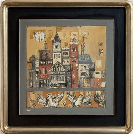 Alfredo Levo "Cattedrale della pace" 1971, olio su tela (cm 60x60) firmato e dat