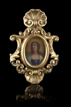 Ignoto secolo XVIII. Ritratto di dama con scialle bianco. Miniatura ovale (cm 6