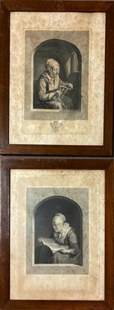 Coppia di acqueforti raffiguranti lettrice e filatrice (cm 50x40) in cornice (d