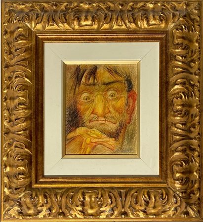 Firma indecifrata "Volto virile" tecnica mista su compensato (cm 17x13) firmata