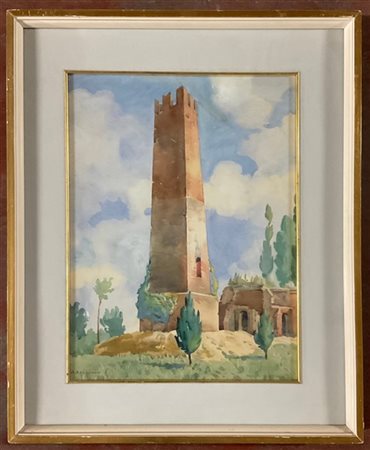 Arcangelo Salvarani "La torre" acquerello su carta (cm 45x34) Firmato in basso a