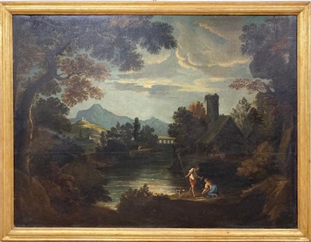 Scuola del secolo XVIII, Paesaggio con pescatori, olio su tela (cm 134,5x181,5)
