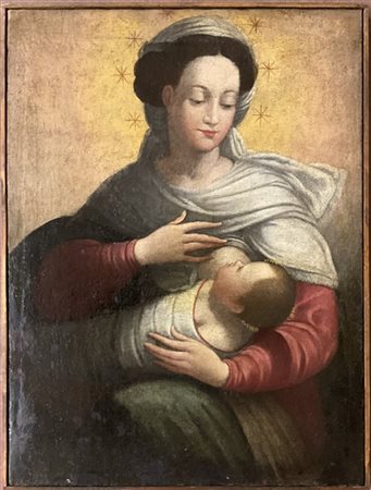 Ignoto , antico dipinto ad olio su tela raffigurante "Madonna del latte" (cm 61
