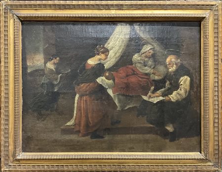 Ignoto, antico dipinto ad olio su tela raffigurante "La nascita del Battista" (