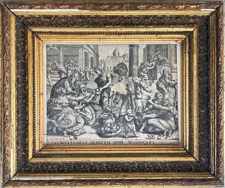 Incisione del secolo XVII, "Esurivi enim et dedistis mihi manducare" (cm 24x19)