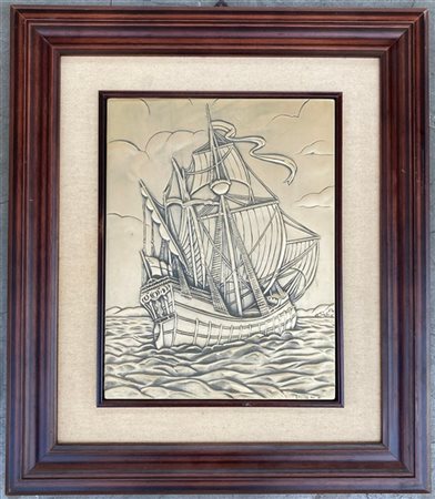 D. Matteo, Veliero in mare, placca con lamina in argento titolo 925 (cm 22x28)