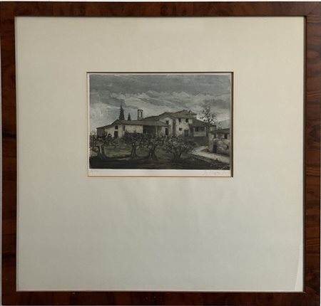 Marco Bonechi "Case tra gli ulivi" acquaforte e acquatinta (lastra cm 25x35, fog