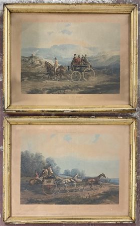 Coppia di stampe inglesi a colori raffiguranti viaggiatori su carri con cavalli